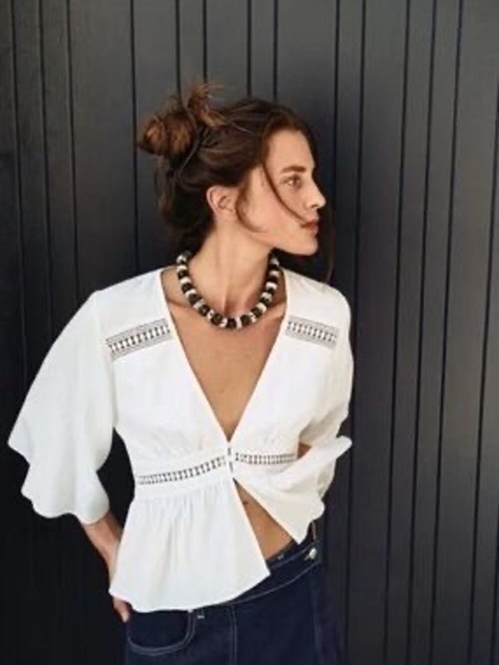Zara | V-Neck Button Up Gauzy White Cutout Boho Summer Preppy 3/4 Sleeve Top